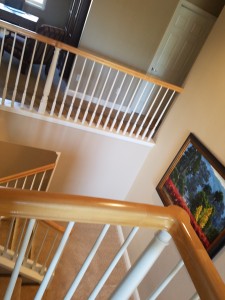 Clear-coated natural handrail before Re-staining interior railing color Handrail staining