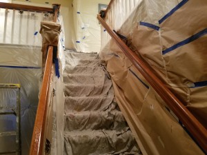 Masking prior to Re-staining interior railing color Masking of interior handrails before spraying with tinted lacquer